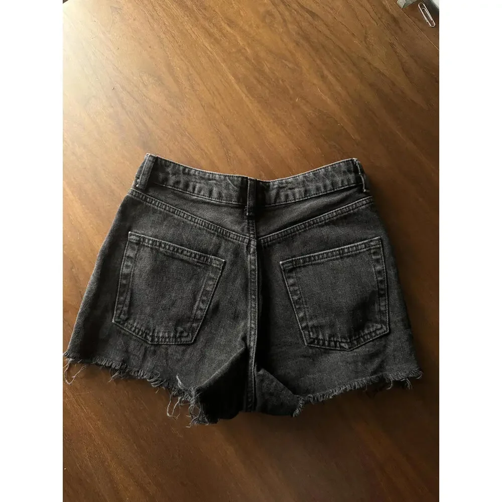 Topshop Moto Black High Waisted Mom Denim Shorts Distressed Cut Off Size 2